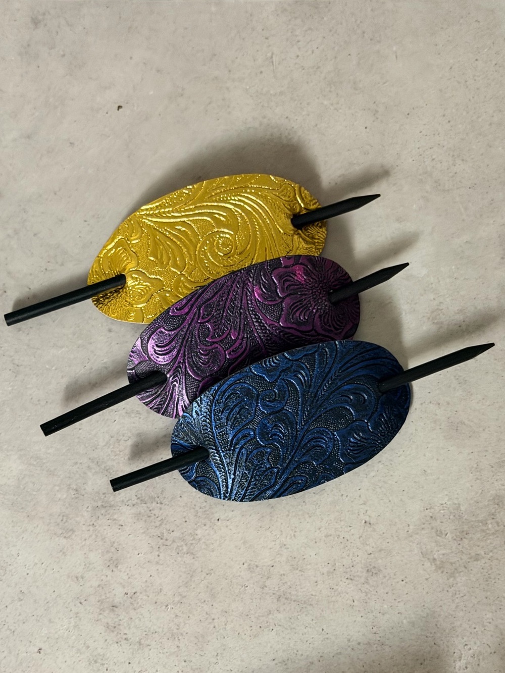 3 Embossed Oval Hair Slides Clip - Blue, Gold, Purple Hair Accessories
